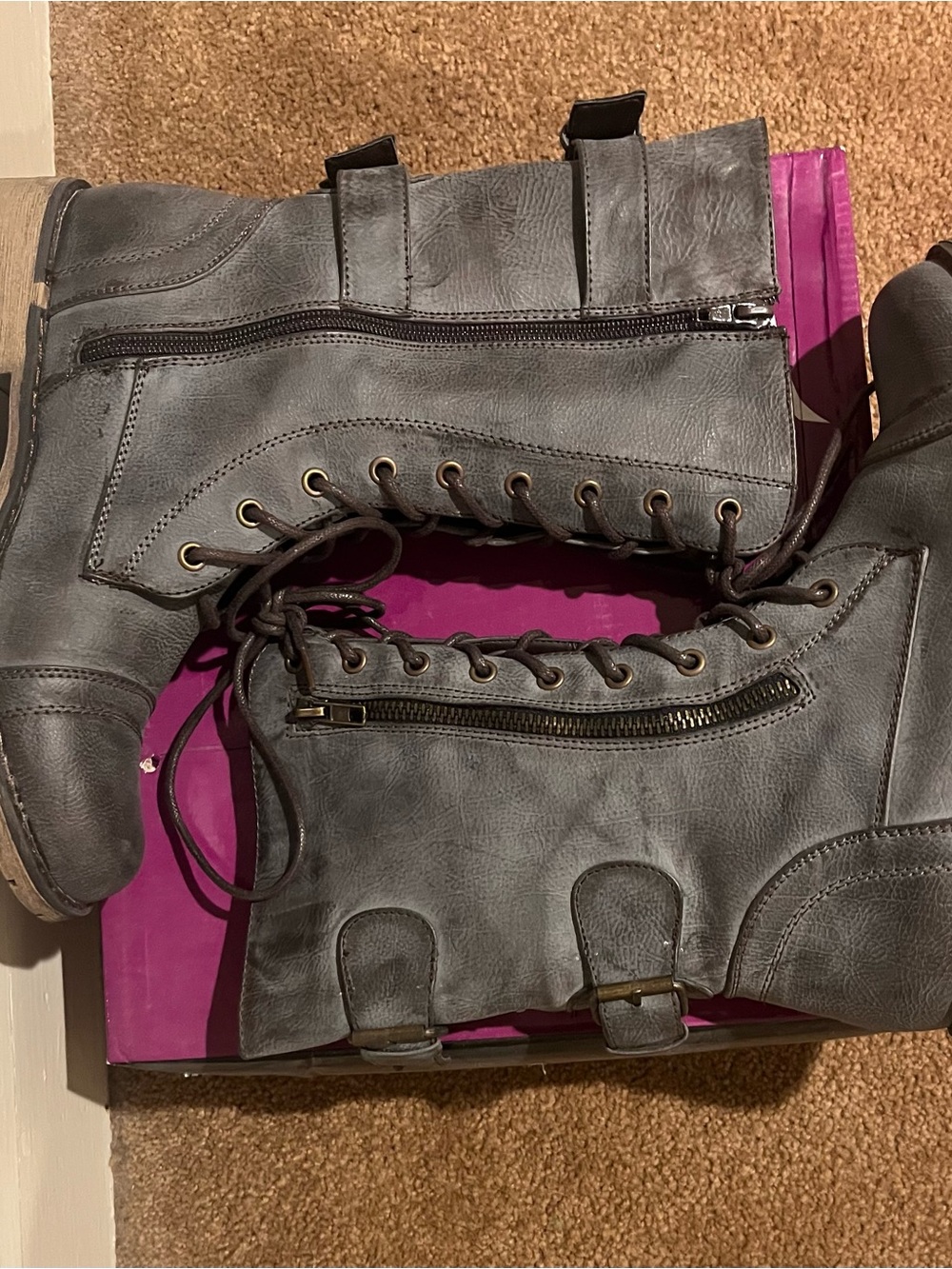 Nature Breeze Women's Dark Gray Lace-Up Combat Boots - Picture 3 of 5